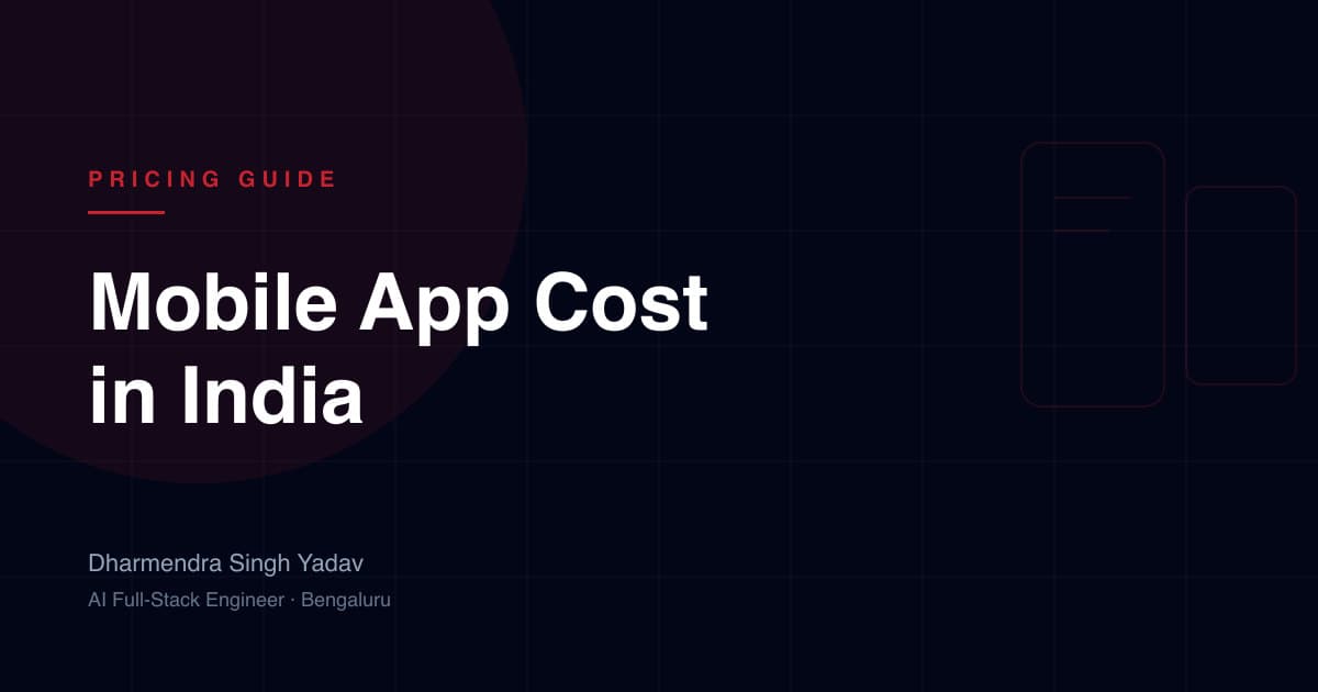 Illustration titled 'Mobile App Cost in India' showing phone and tablet wireframes.