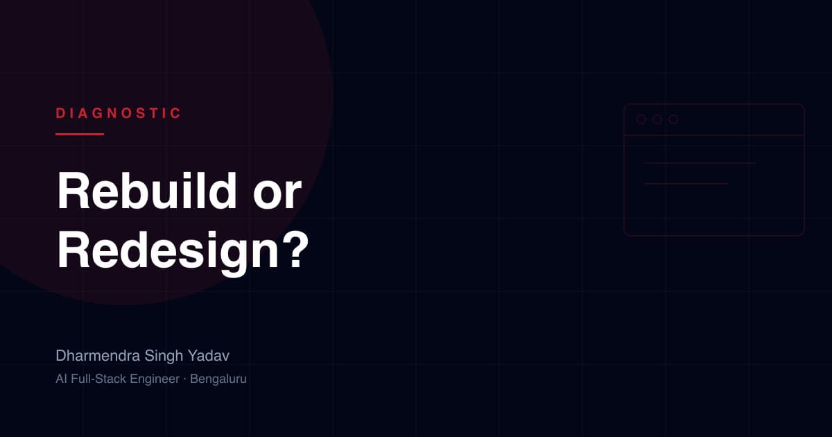Illustration titled 'Rebuild or Redesign?' showing a browser window wireframe.